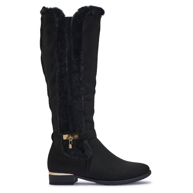 HAT708 KNEE HIGH FLAT BOOTS WITH FAUX FUR TRIM AND GOLD DETAILING