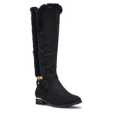 HAT708 KNEE HIGH FLAT BOOTS WITH FAUX FUR TRIM AND GOLD DETAILING
