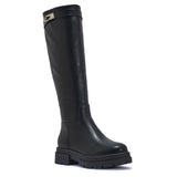 PERTH101 BLACK CHUNKY KNEE HIGH FLAT BOOTS WITH BUCKLE DETAIL