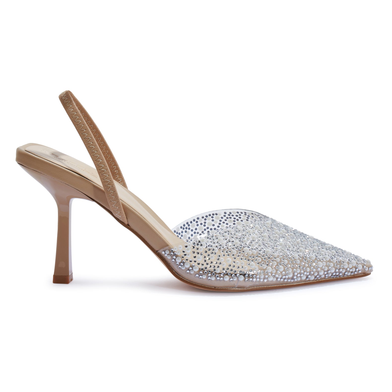 SALADO32 DIAMANTE DETAIL CLEAR PERSPEX POINTED TOE SLINGBACK COURT HEEL.
