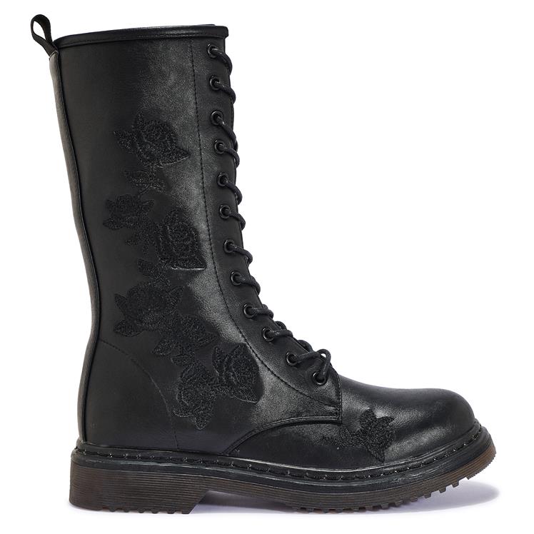 BUK100 BLACK EMBROIDERY LONG LACE UP BOOT
