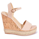 Heeled Corkscrew Wedge Sandal - Nude Faux Suede Corkscrew Wedge Heel Sandal - Corkscrew Wedge Sandal Adjustable Buckle Ankle Strap - Diamante Wedge Heel Sandal