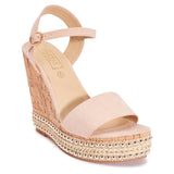 Heeled Corkscrew Wedge Sandal - Nude Faux Suede Corkscrew Wedge Heel Sandal - Corkscrew Wedge Sandal Adjustable Buckle Ankle Strap - Diamante Trim Wedge Heel Sandal