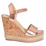 Metallic PU Heeled Corkscrew Wedge Sandal - Rose Gold Corkscrew Wedge Heel Sandal - Corkscrew Wedge Sandal Adjustable Buckle Ankle Strap - Diamante Wedge Heel Sandal