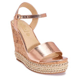 Rose Gold PU Heeled Corkscrew Wedge Sandal - Rose Gold Metallic Corkscrew Wedge Heel Sandal - Corkscrew Wedge Sandal Adjustable Buckle Ankle Strap - Diamante Wedge Heel Sandal
