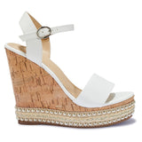 White PU Heeled Corkscrew Wedge Sandal - White PU Corkscrew Wedge Heel Sandal - Corkscrew Wedge Sandal Adjustable Buckle Ankle Strap - Diamante Wedge Heel Sandal