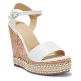 Heeled Corkscrew Wedge Sandal - White PU Corkscrew Wedge Heel Sandal - Corkscrew Wedge Sandal Adjustable Buckle Ankle Strap - White PU Diamante Wedge Heel Sandal