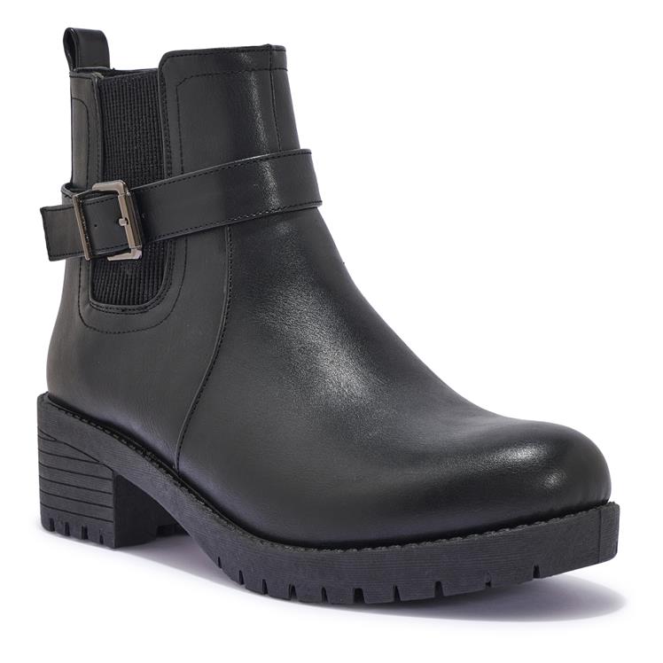 Basic Chunky Strap Detail Chelsea Boot - Basic Chunky Strap Detail Ankle Boot - Low Block Heel Ankle Boot - Elastic Gusset Panel - Casual Ankle Boot Rounded Toe - Black PU Upper Boots