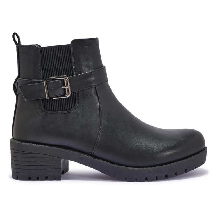 Basic Chunky Strap Detail Chelsea Boot - Basic Chunky Strap Detail Ankle Boot - Low Block Heel Ankle Boot - Elastic Gusset Panel - Casual Ankle Boot Rounded Toe - Black PU Upper Casual Boot