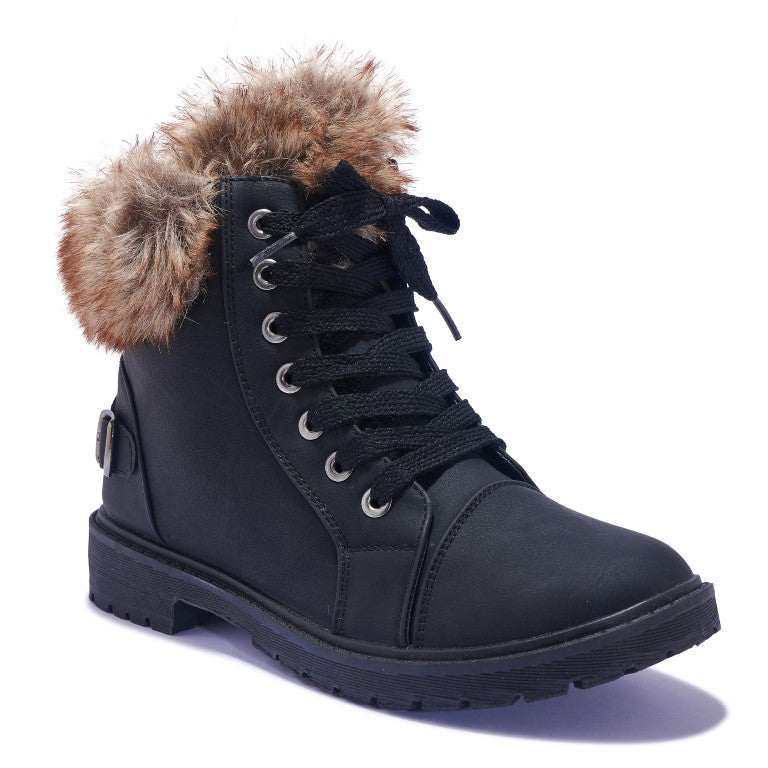 NNY2 FAUX FUR COLLAR FLAT LACE UP BOOT