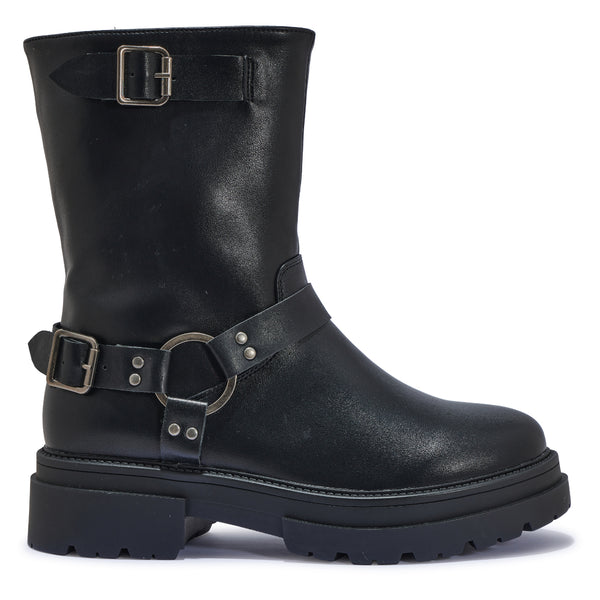 PERTH100 CLEATED MID CALF BIKER BOOT BUCKLE DETAIL