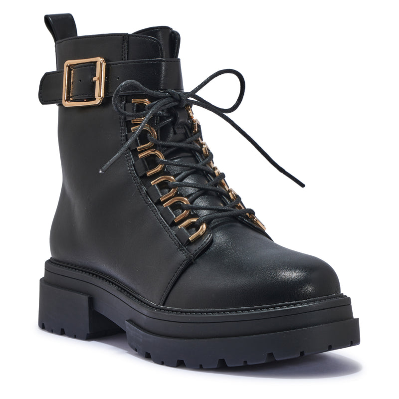 PERTH102 BLACK CHUNKY BOOTS WITH GOLD BUCKLE DETAIL