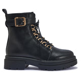 PERTH102 BLACK CHUNKY BOOTS WITH GOLD BUCKLE DETAIL