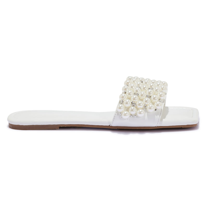 Faux Pearl Embellished Slider - Faux Pearl White PU Embellished Slider - Faux Pearl Embellished White PU Slider - Faux Pearl Silver Beaded Embellished White PU Upper Strap - Embellished Pearl Sliders - Flat Sliders Embellished Upper