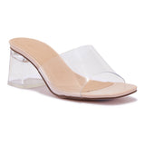 UNSEEN3 – FLARE BLOCK HEEL BARELY THERE PVC MULES
